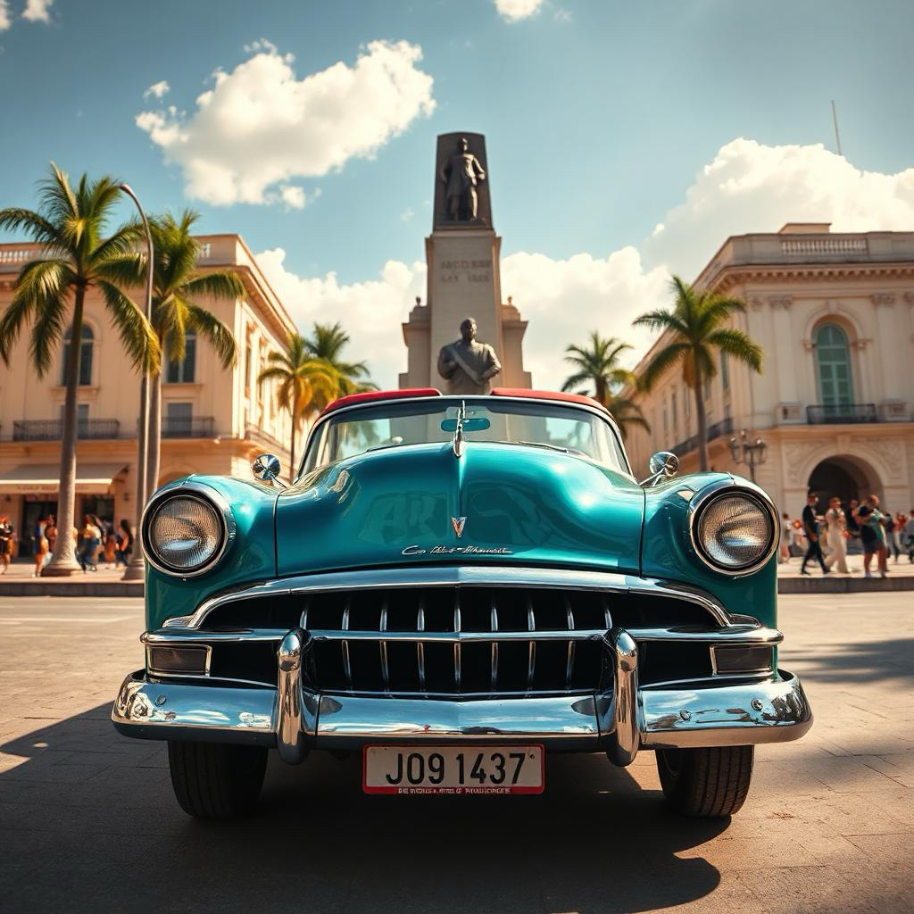 AI-generated image from NOVA AI by John Rhorerof a Turquoise American made classic car in what appears to be Cuba with palm trees and building around a monument.