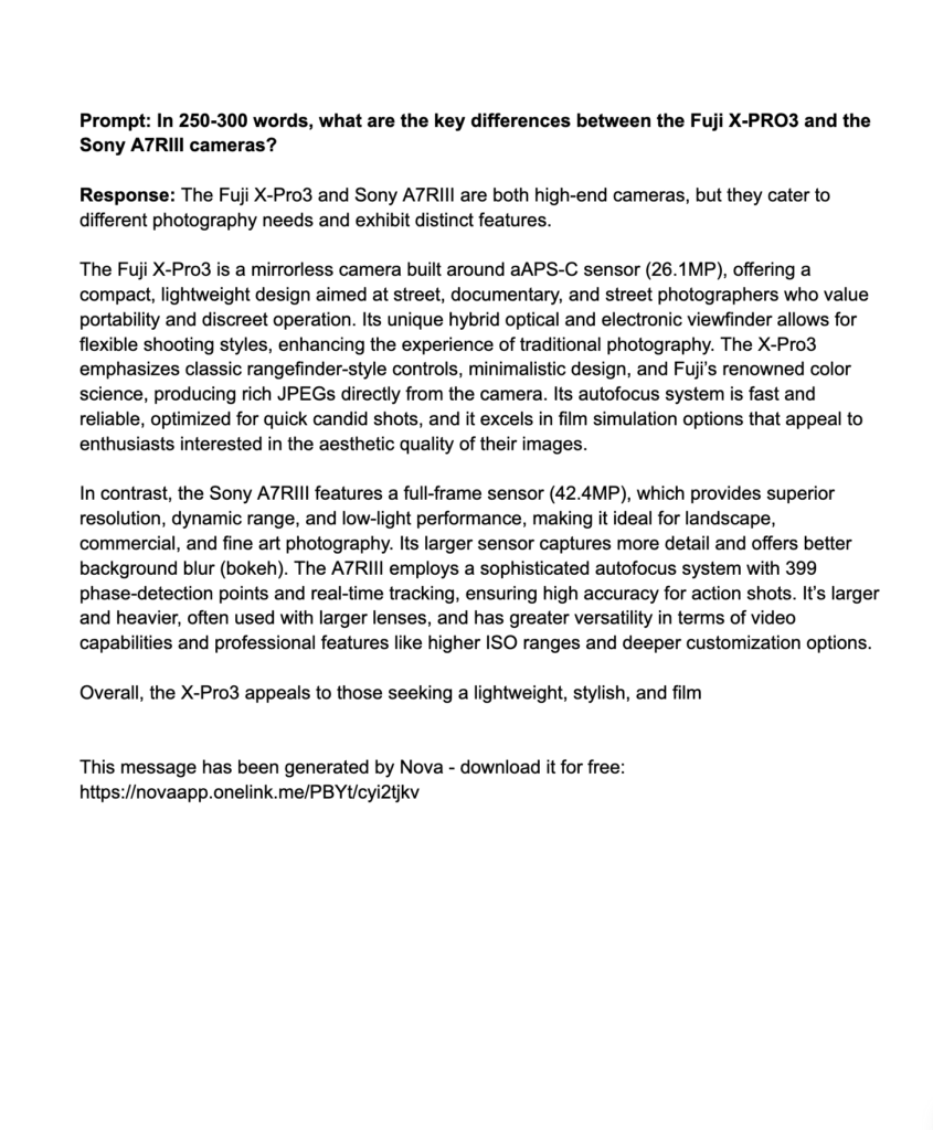 AI-generated example of a blog post about the key differences between the Fuji X-Pro3 and the Sony A7RIII cameras. Screenshot of John's Google Doc.
