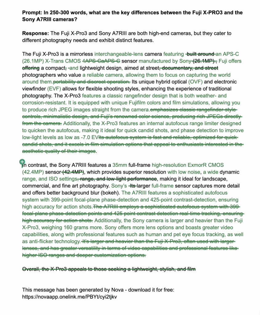AI-generated example of a blog post about the key differences between the Fuji X-Pro3 and the Sony A7RIII cameras. Screenshot of John's Google Doc Edit suggested copy.