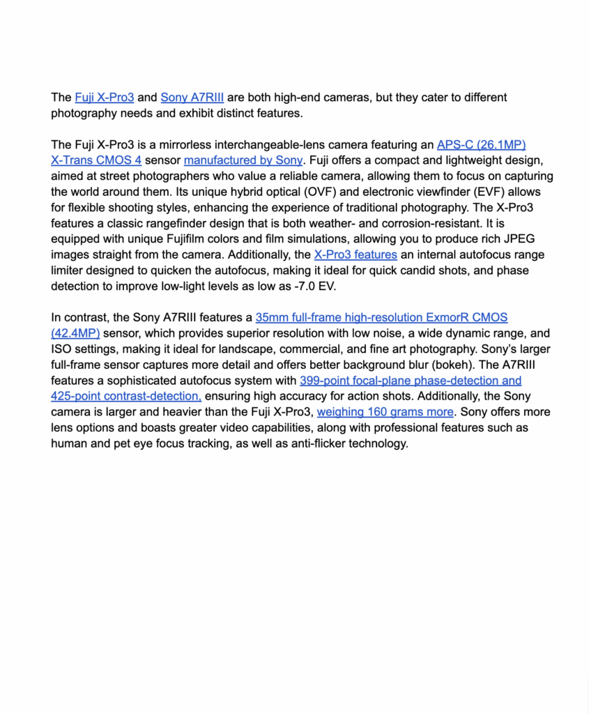 Corrected and linked example for a blog post about the key differences between the Fuji X-Pro3 and the Sony A7RIII cameras. Screenshot of John's Google Doc. 