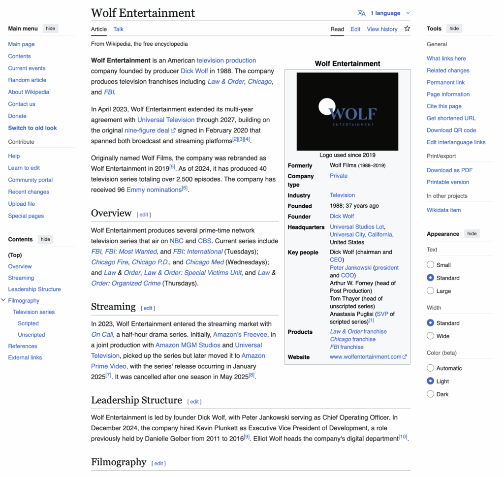 Screenshot of the Wolf Entertainment article on Wikipedia immediately after John made the edit.