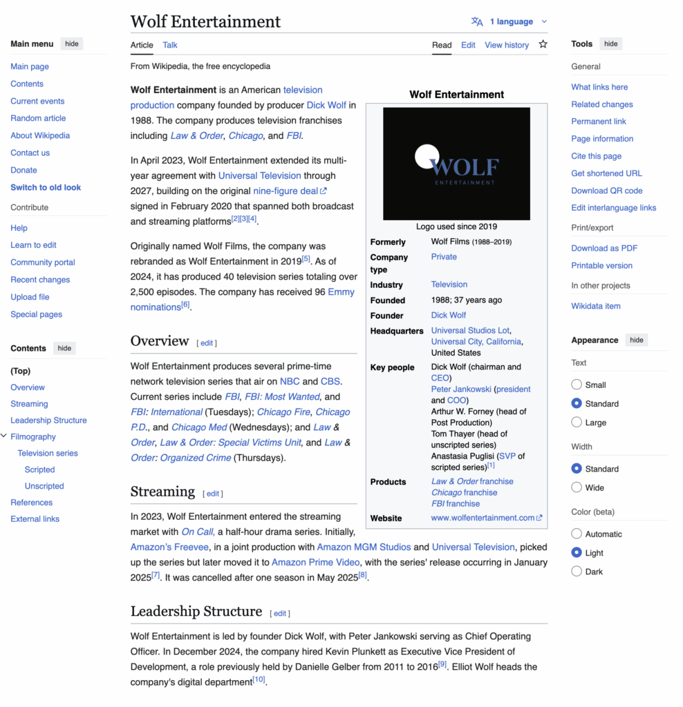 Screenshot of the Wolf Entertainment article on Wikipedia days after John made the edit.