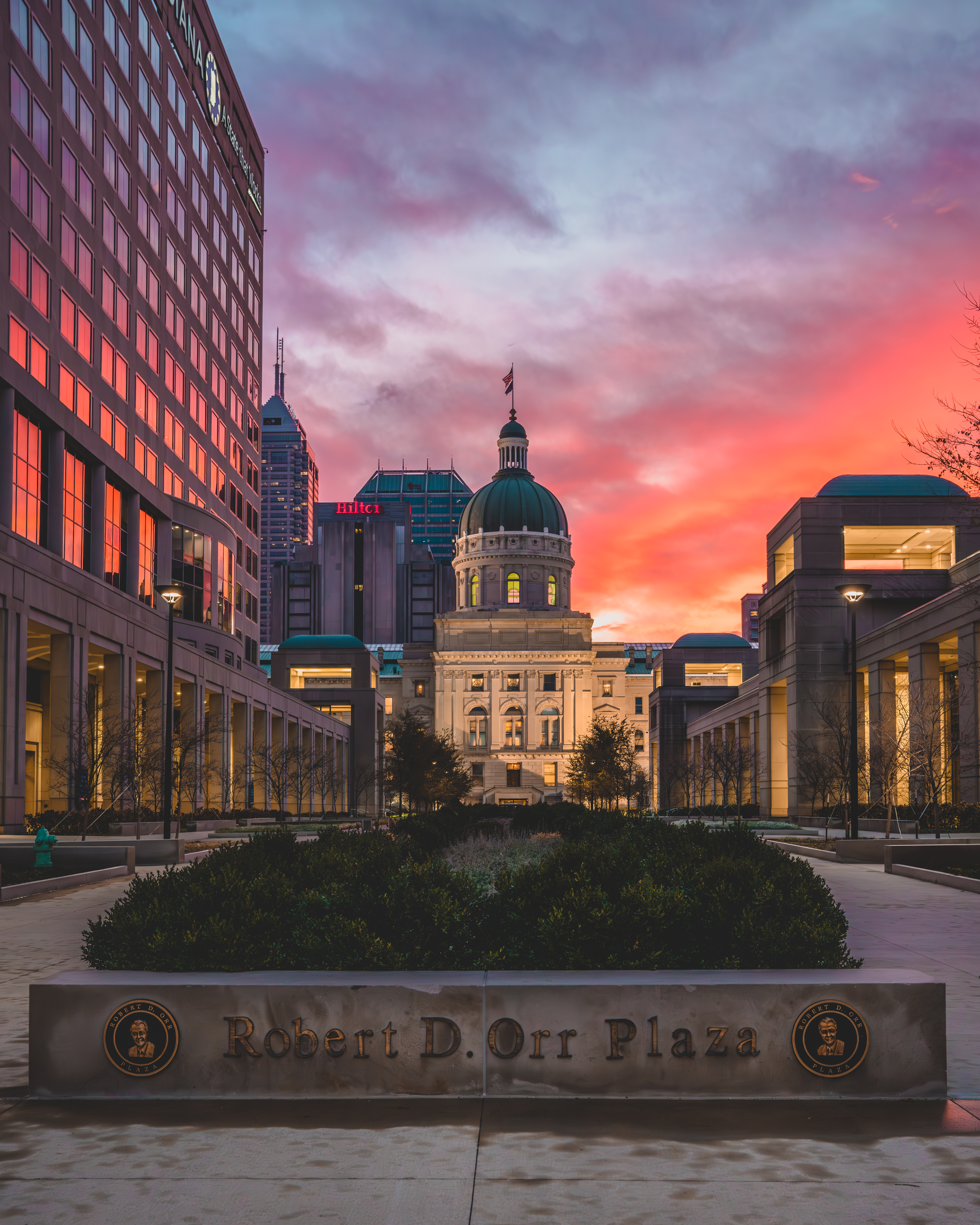 Indiana State Capitol building at sunrise. 