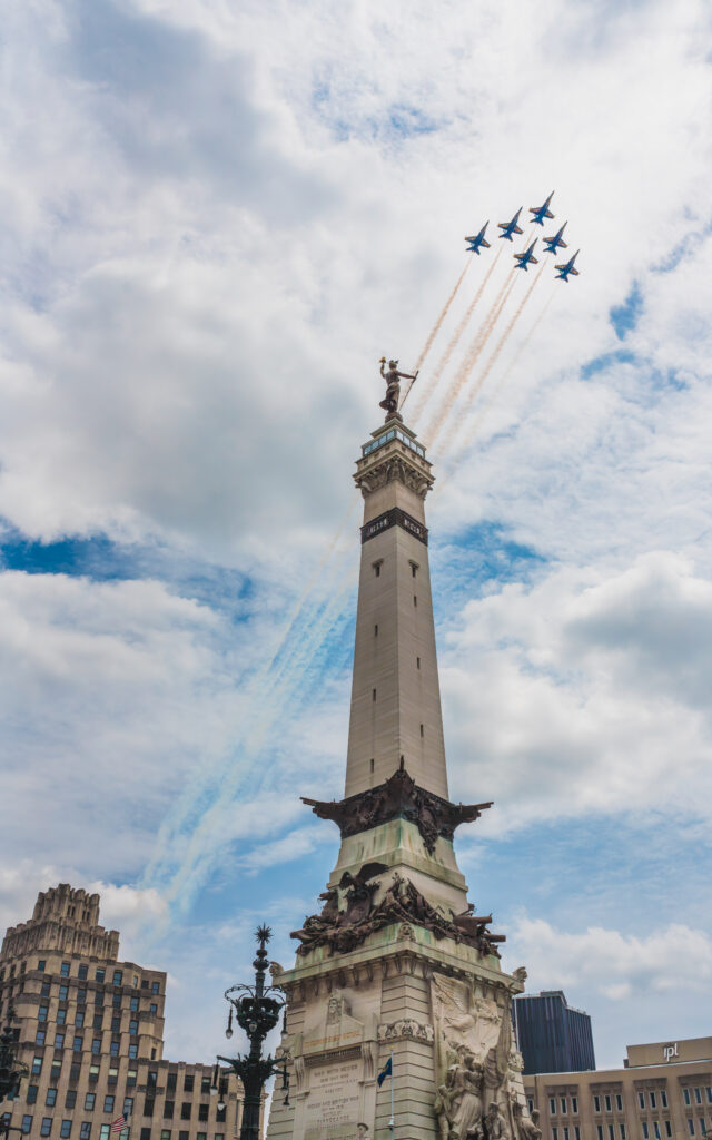 Blue Angels flying over Monument Circle in 2021.